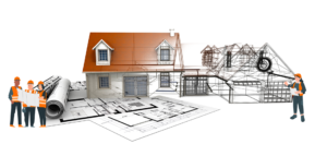 image de maison en construction, montrant les applications des logiciels de CAO et PAO 2D et 3D tels que Autocad, SketchUp, Vray et Revit