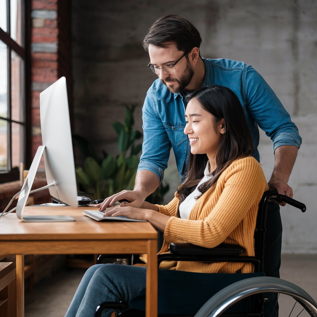 image montrant l'aide d'un référent handicap à une personne en fauteuil roulant afin de facilité l'accessibilité de celle-ci aux formations de Formaltic