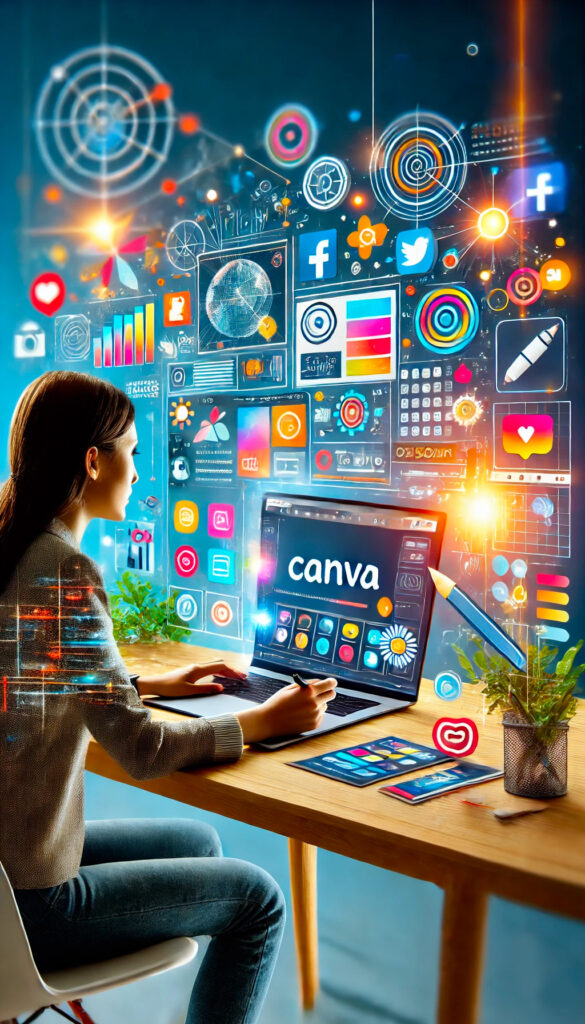 Image en format portrait représentant une personne gérant sa communication sur les réseaux sociaux grâce à l'IA et les outils de Canva lors de la formation de Formaltic maîtriser sa comm d'entreprise avec Canva et l'intelligence artificielle